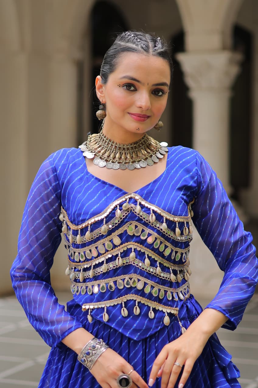 Blue Leheriya Print Garba Navratri Chaniya Choli with 12-Meter Flair