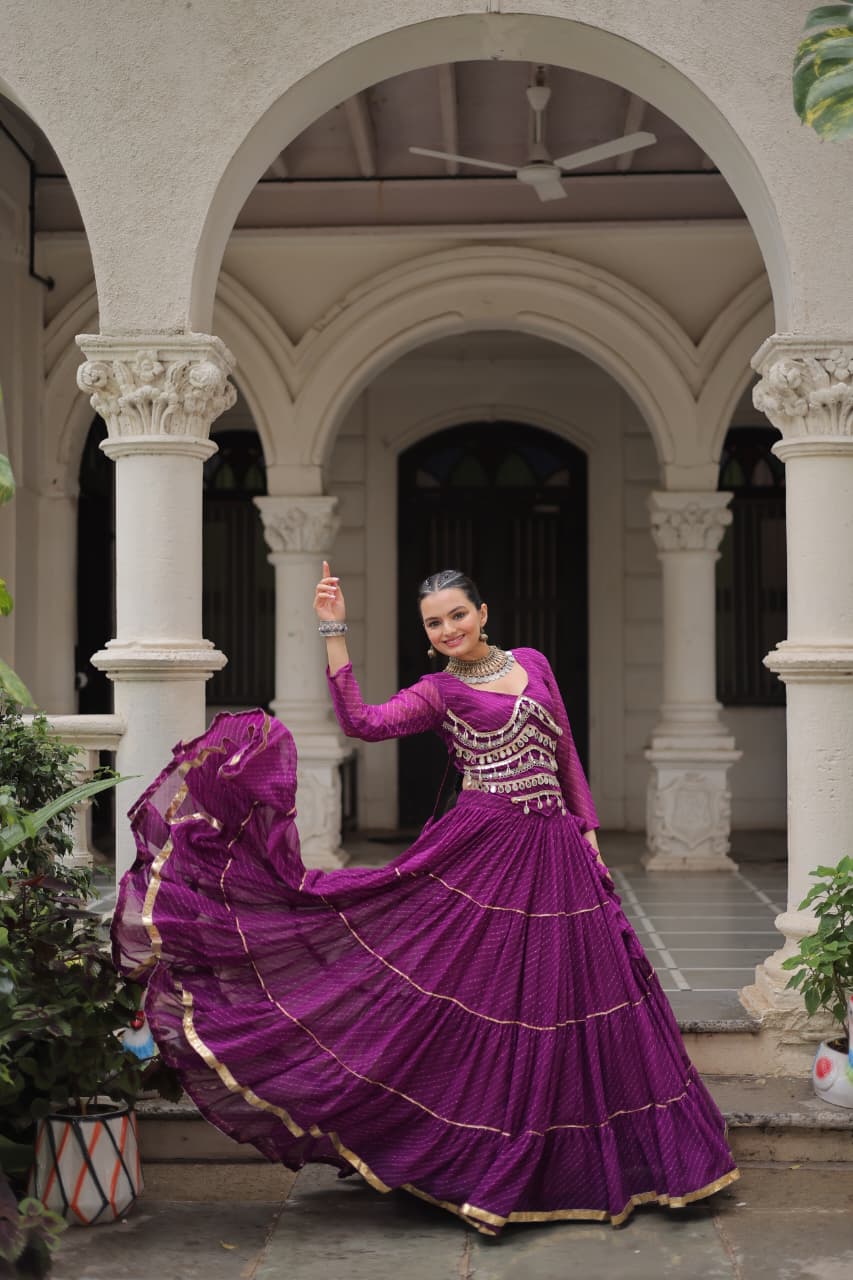 Wine Leheriya Print Garba Navratri Chaniya Choli with 12-Meter Flair