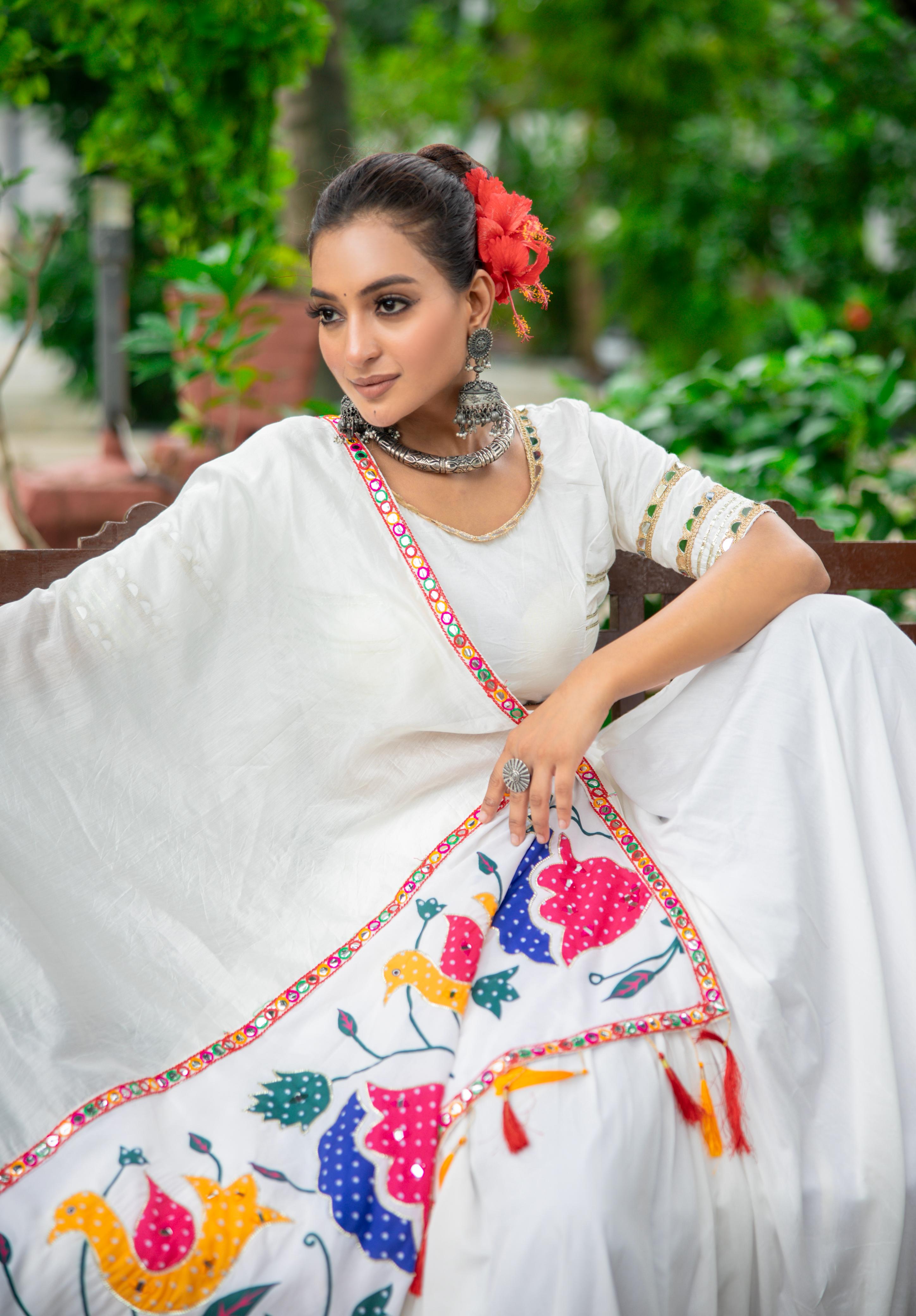 Ivory Dream: Pure Cotton White Garba Chaniya Choli with Mirror Work