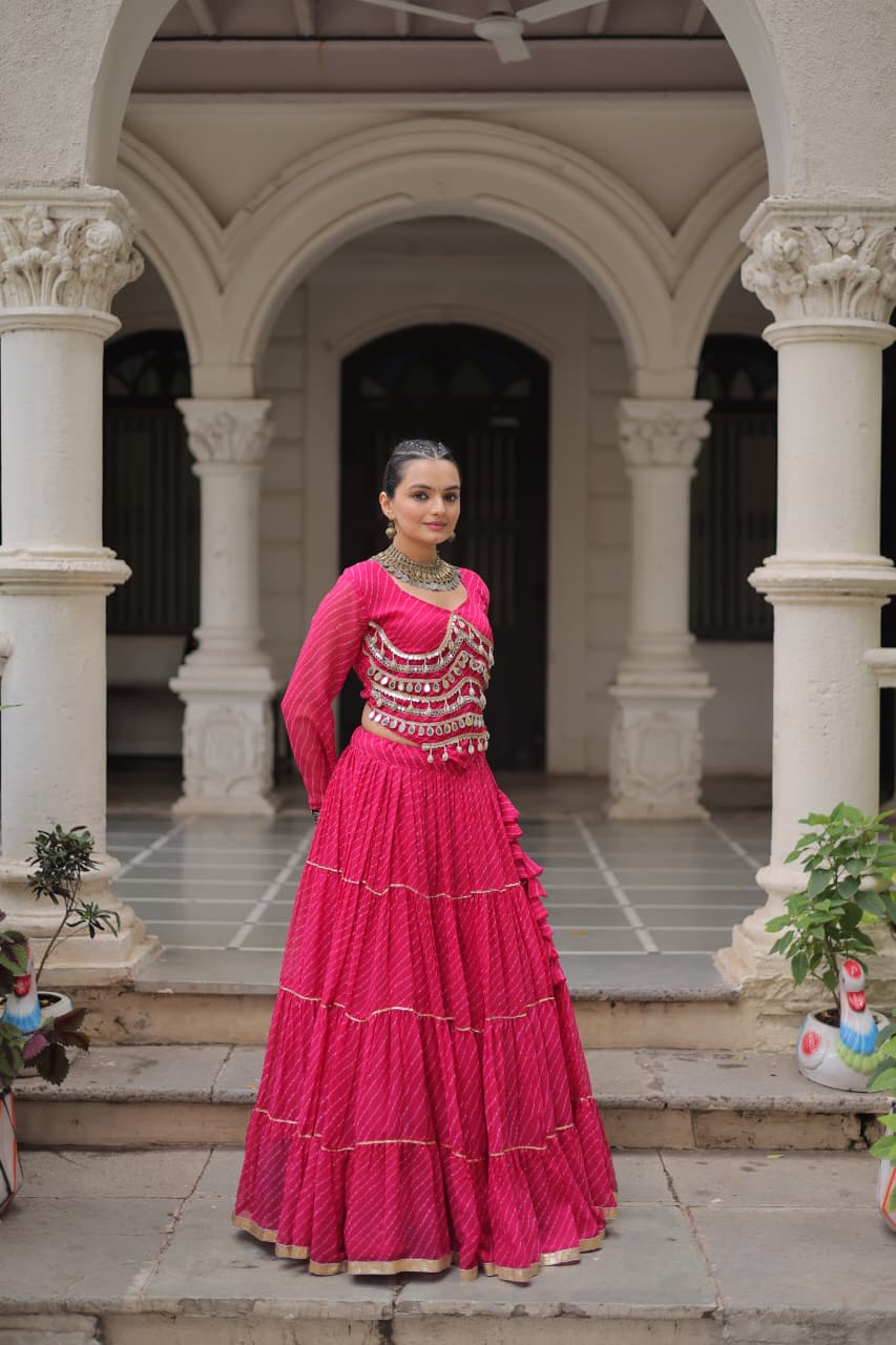 Pink Leheriya Print Garba Navratri Chaniya Choli with 12-Meter Flair