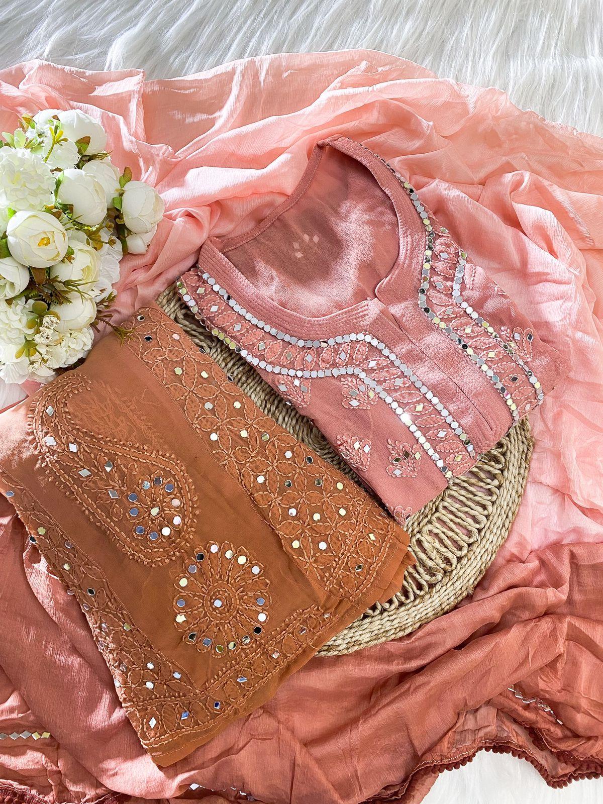 Peach Chikankari Elegance Ombré Mirror Booti Jaal Set - Kurti, Sharara & Dupatta -(Inner Included) - Inayakhan Shop 