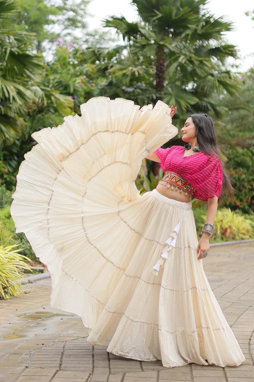 Pink Navratri Twirl: Kora Cotton Garba Lehenga with 12-Meter Flair