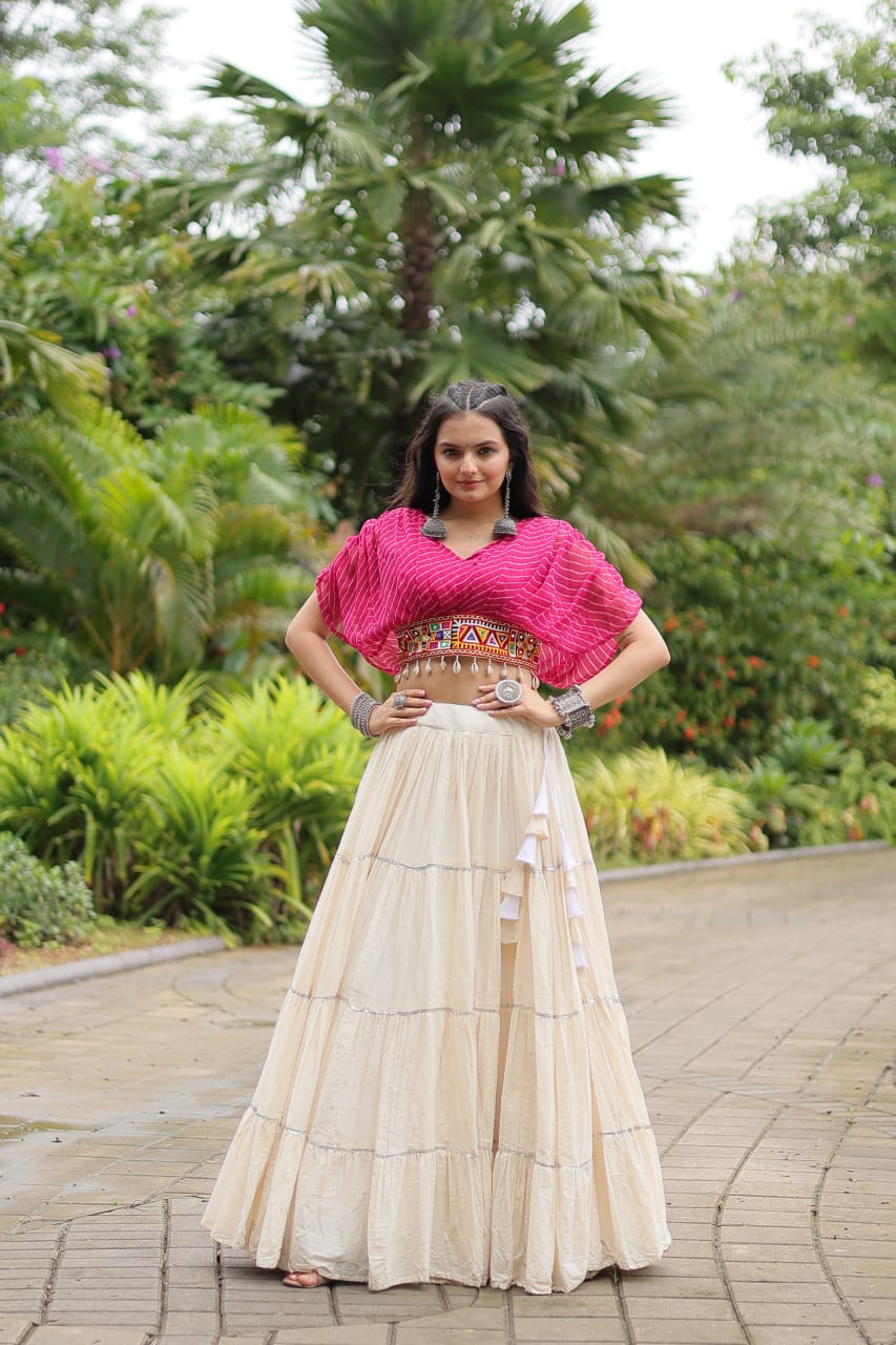 Pink Navratri Twirl: Kora Cotton Garba Lehenga with 12-Meter Flair
