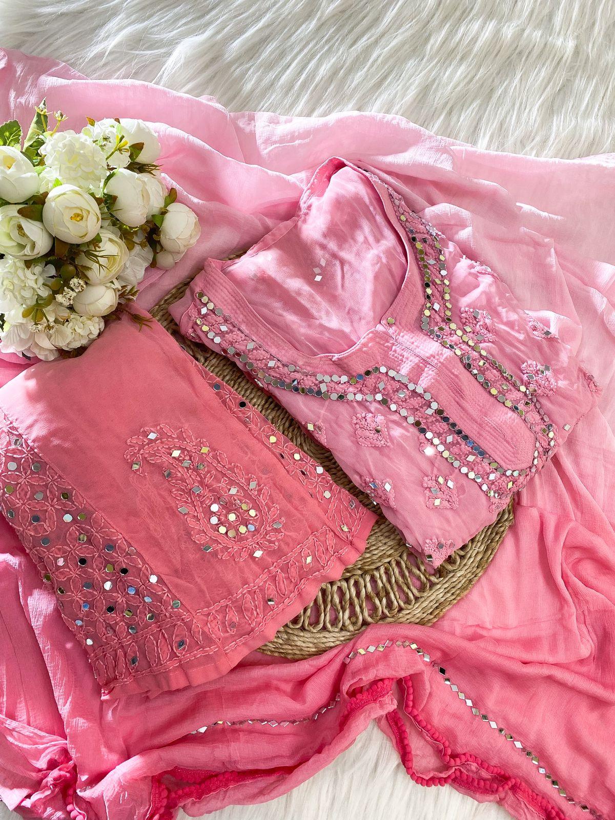 Best Combo Chikankari Elegance Ombré Mirror Booti Jaal Set (Pink / Wine)