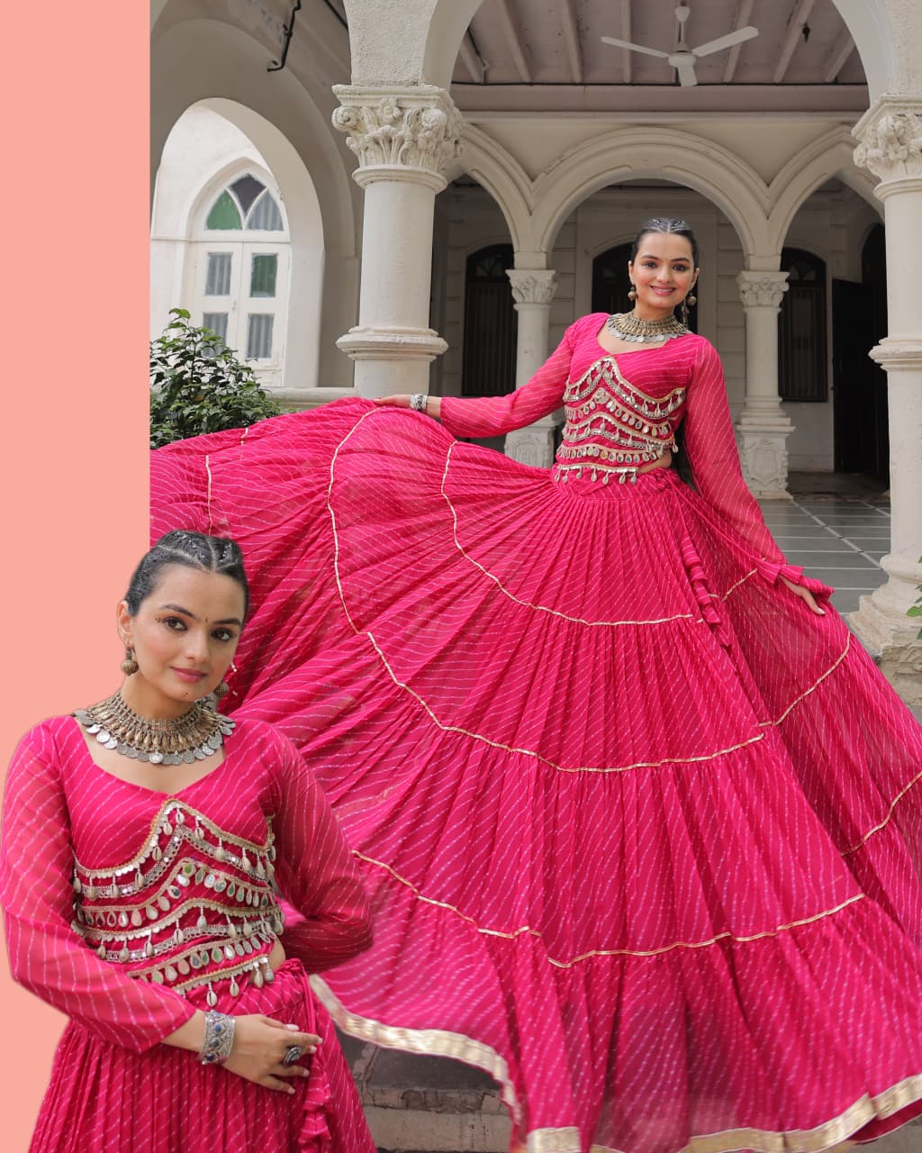 Pink Leheriya Print Garba Navratri Chaniya Choli with 12-Meter Flair