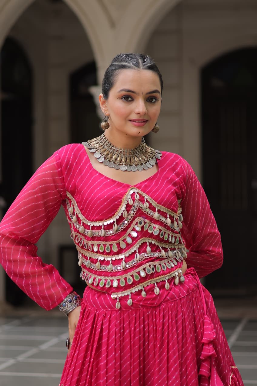 Pink Leheriya Print Garba Navratri Chaniya Choli with 12-Meter Flair