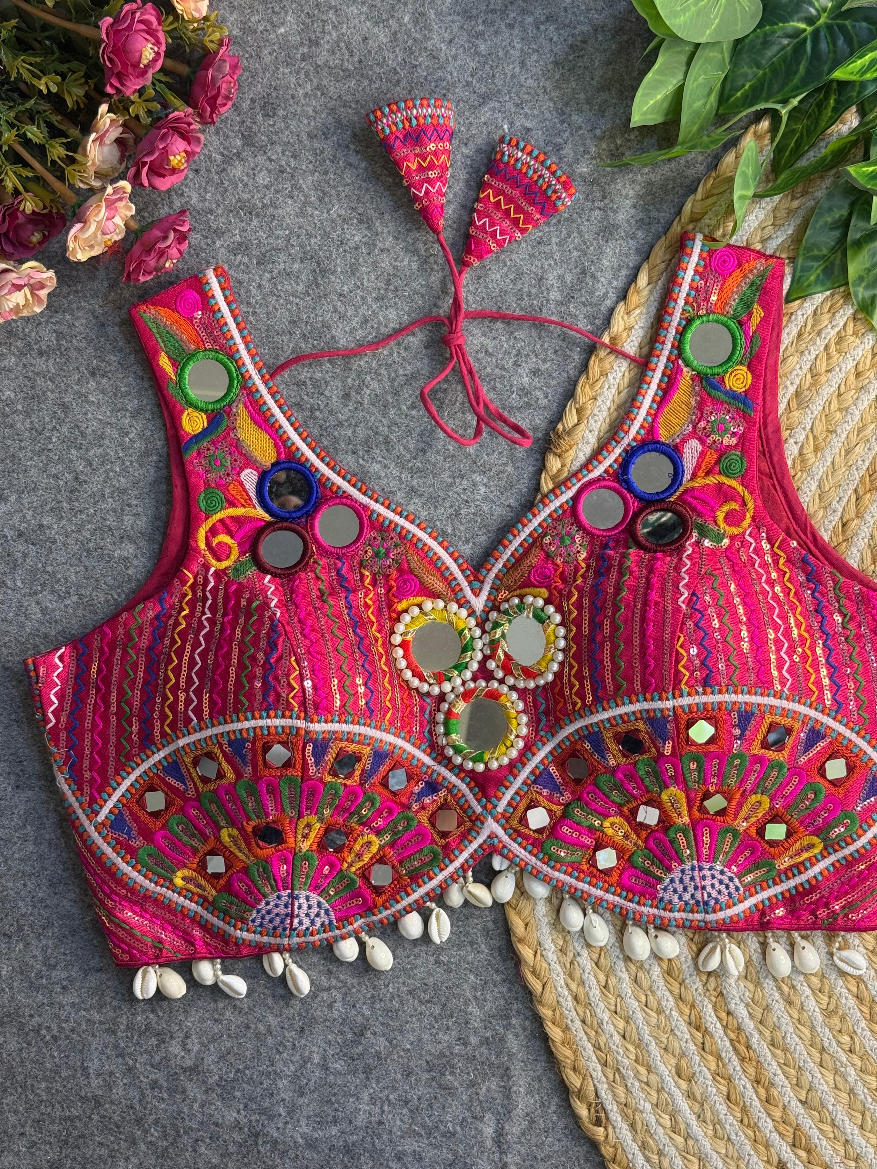 Pink Navratri Radiance: Apple Cut Mirror Work Garba Choli