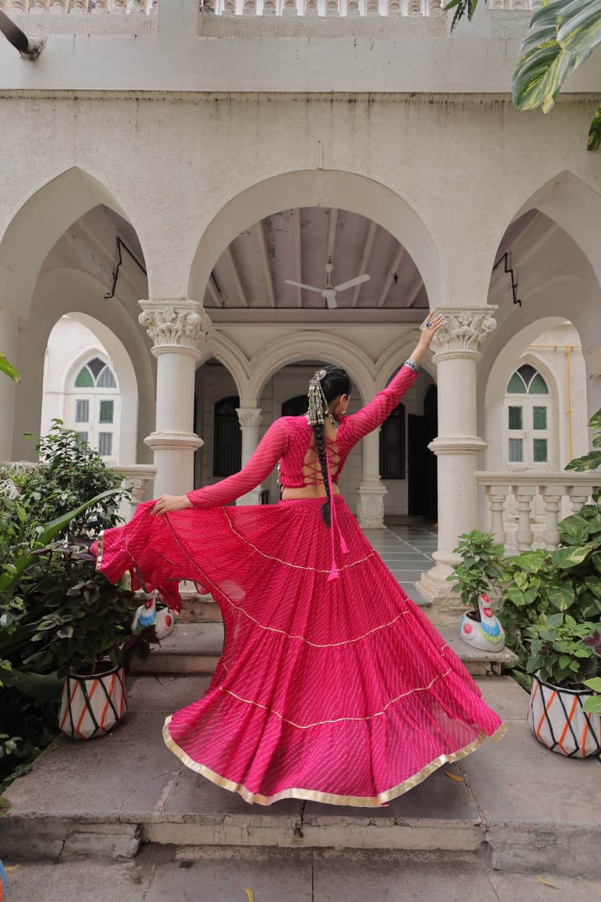 Pink Leheriya Print Garba Navratri Chaniya Choli with 12-Meter Flair