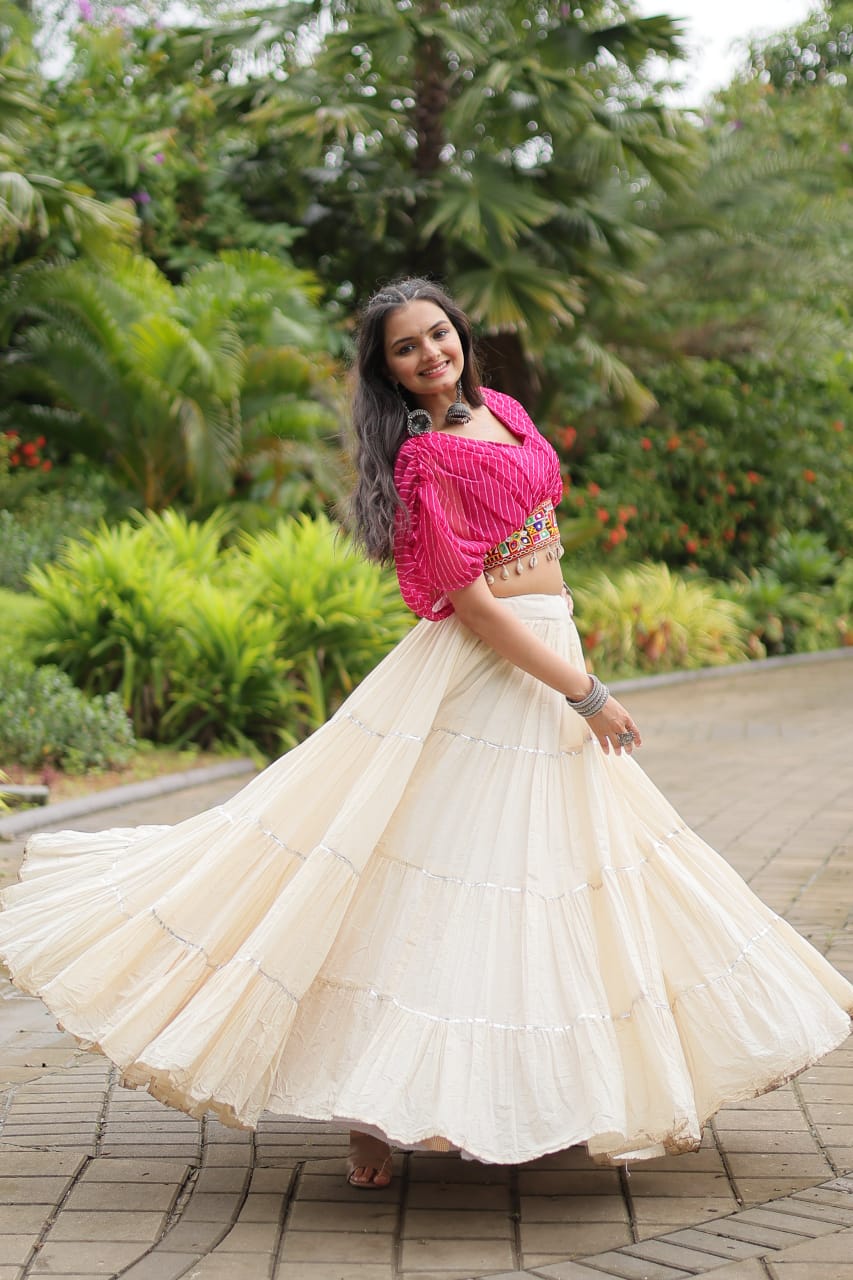 Pink Navratri Twirl: Kora Cotton Garba Lehenga with 12-Meter Flair