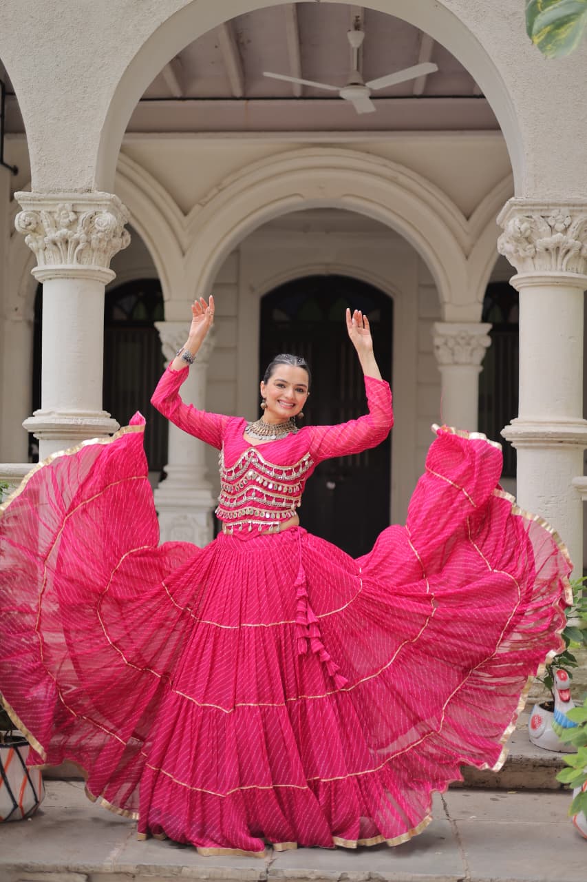 Pink Leheriya Print Garba Navratri Chaniya Choli with 12-Meter Flair
