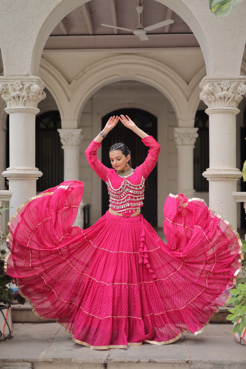 Pink Leheriya Print Garba Navratri Chaniya Choli with 12-Meter Flair