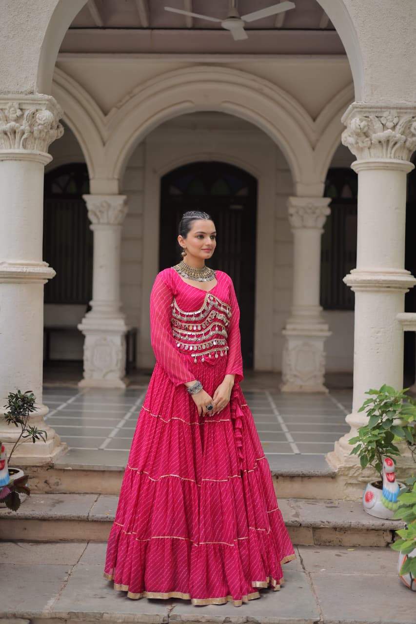 Pink Leheriya Print Garba Navratri Chaniya Choli with 12-Meter Flair