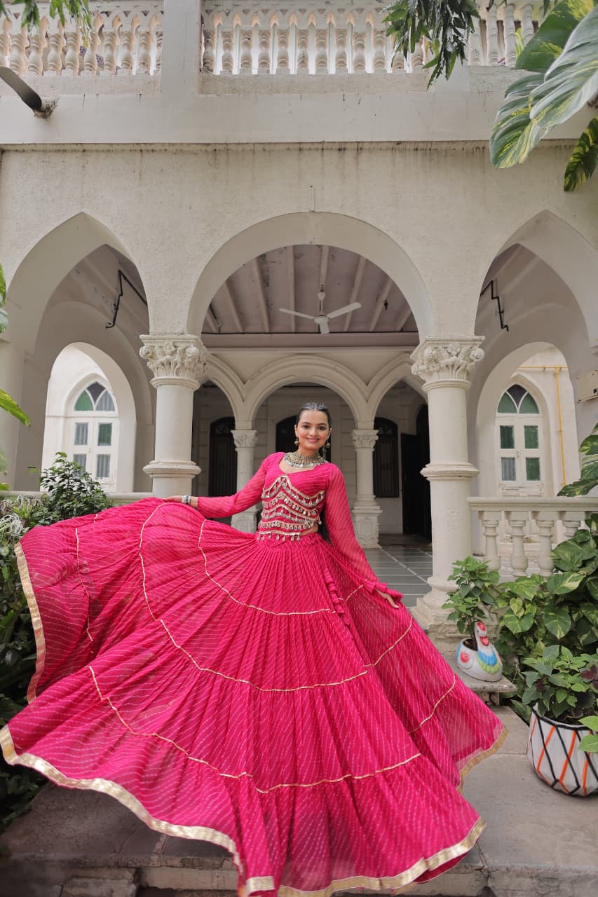 Pink Leheriya Print Garba Navratri Chaniya Choli with 12-Meter Flair
