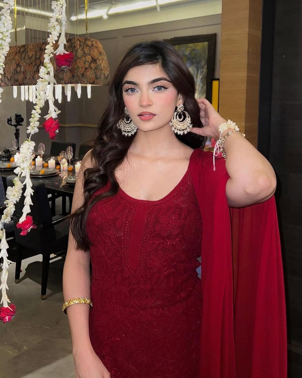 Cherry Red Handcrafted Lucknow Chikankari Strappy Gharara Set (New)