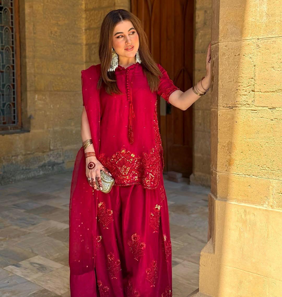 Red Elegant Embroidered Crepe Silk Farshi Salwar Kameez | Ready to Wear