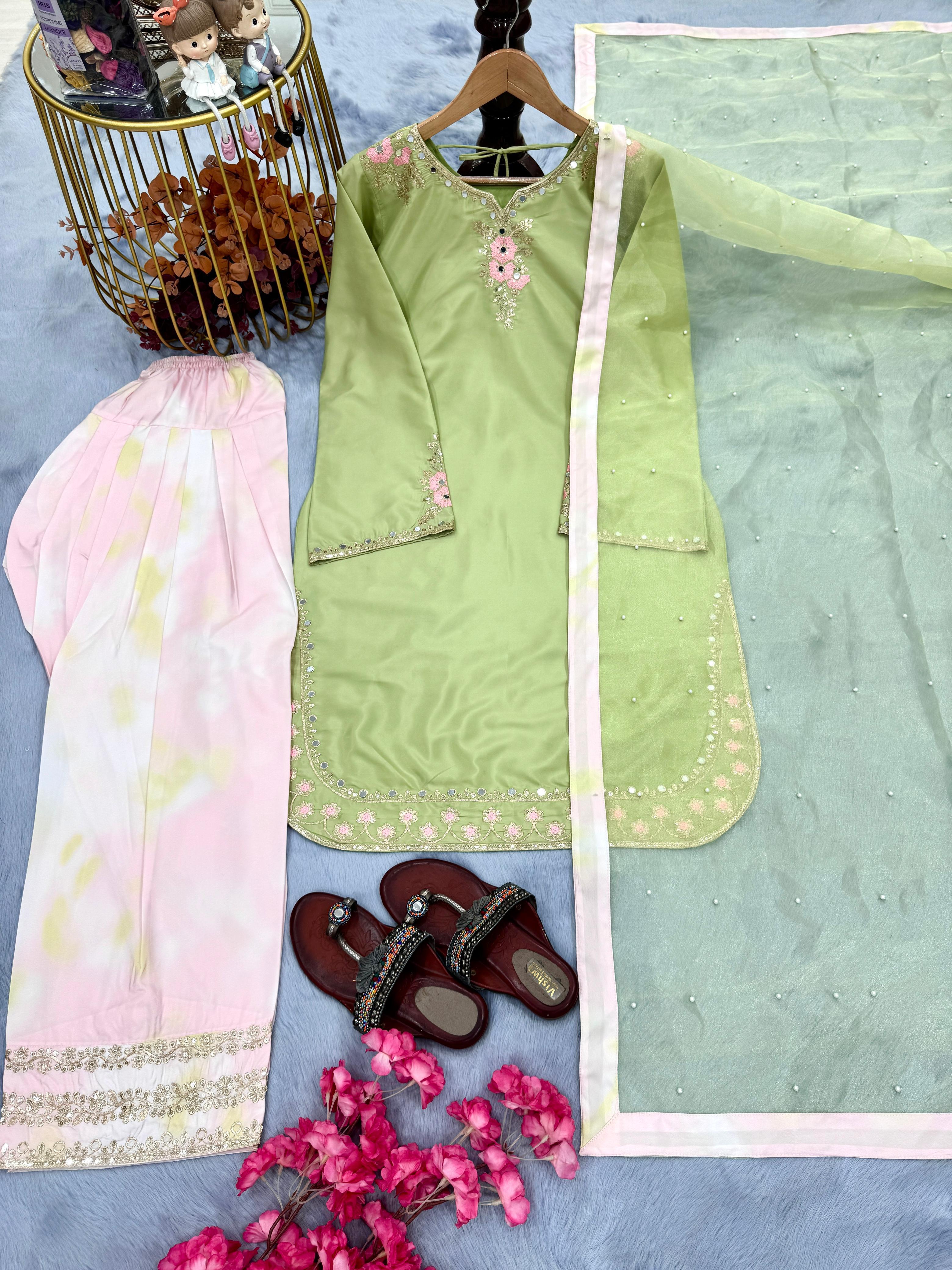 Light Green Aafreen Embroidered Chinnon Silk Salwar Suit