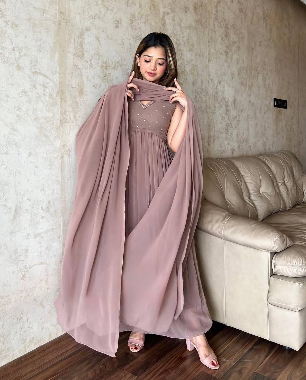 Dusty Pink Ethereal Sequin Embroidered Georgette Anarkali Gown Suit