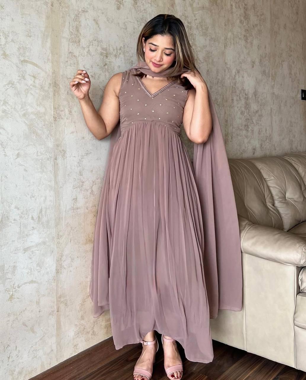Dusty Pink Ethereal Sequin Embroidered Georgette Anarkali Gown Suit