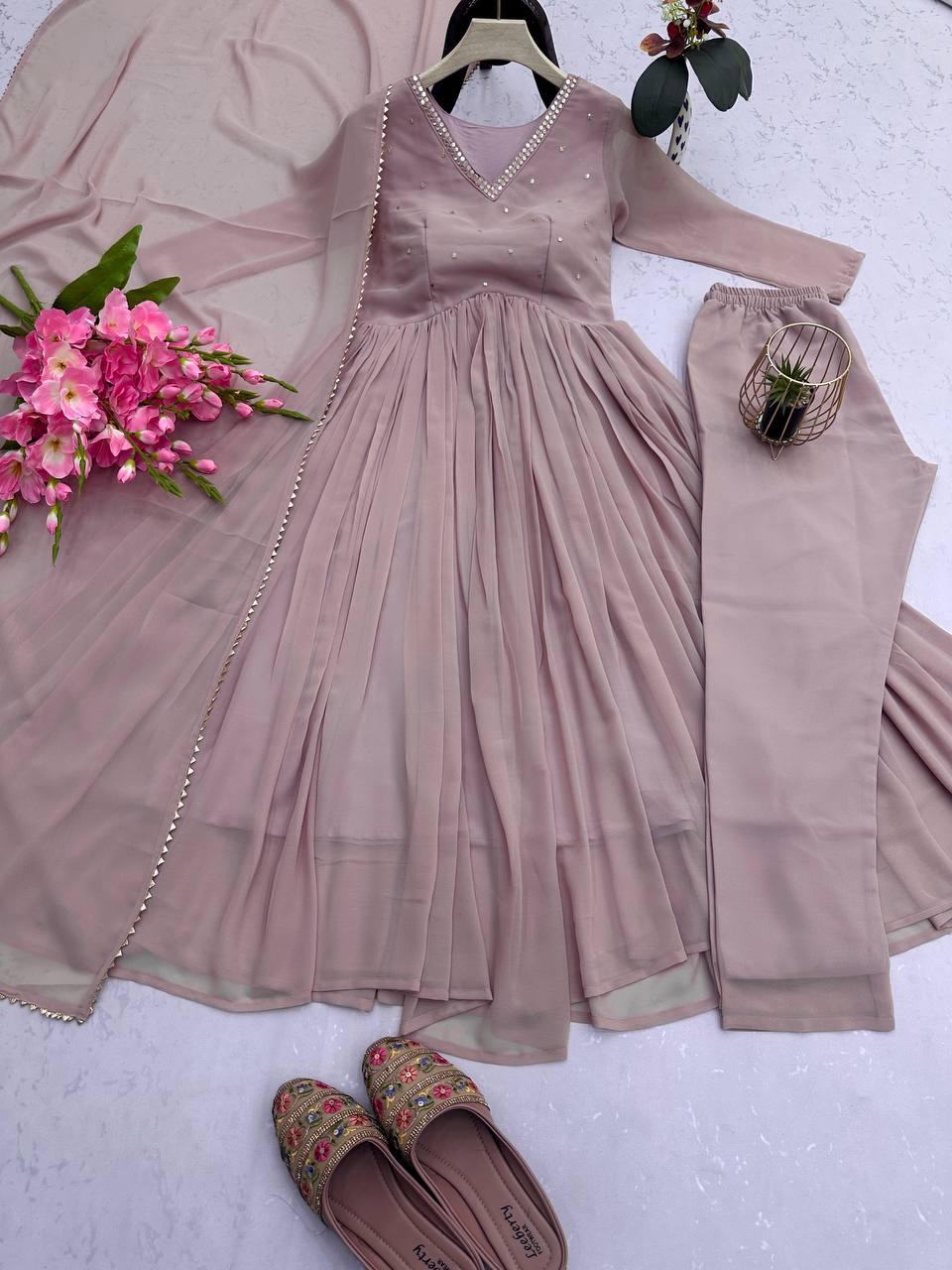 Dusty Pink Ethereal Sequin Embroidered Georgette Anarkali Gown Suit