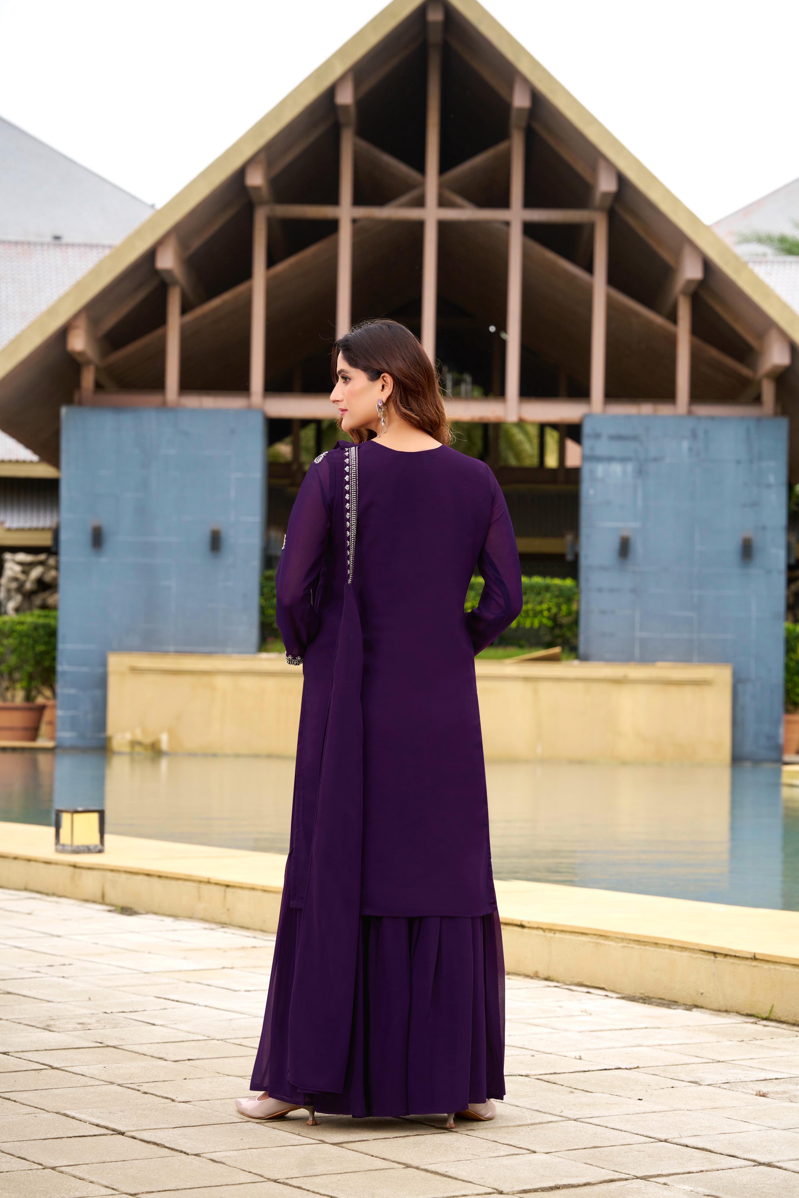 Royal Purple Georgette Sharara Suit Set with Sequin Work