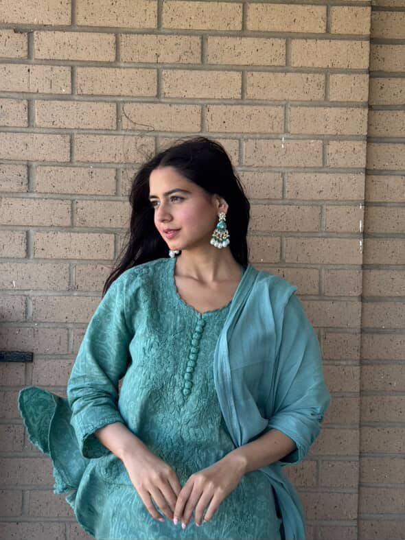 Teal Green Color Aurora Breeze Brasso Chikankari Cotton Ensemble 3 Pc Set
