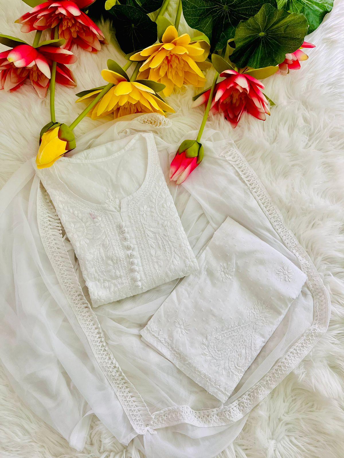White Lucknow Chikankari Hand Work Dobby Cotton Tone-to-Tone 3-Piece Co-ord Palazzo Set with Chiffon Dupatta - Inayakhan Shop 