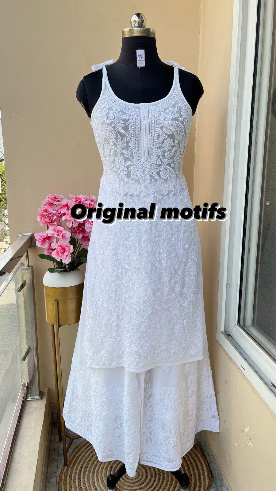 White Viscose Strappy Chikankari Handwork Short Kurti , Viscose Sharara, Chiffon Dupatta - Inayakhan Shop 