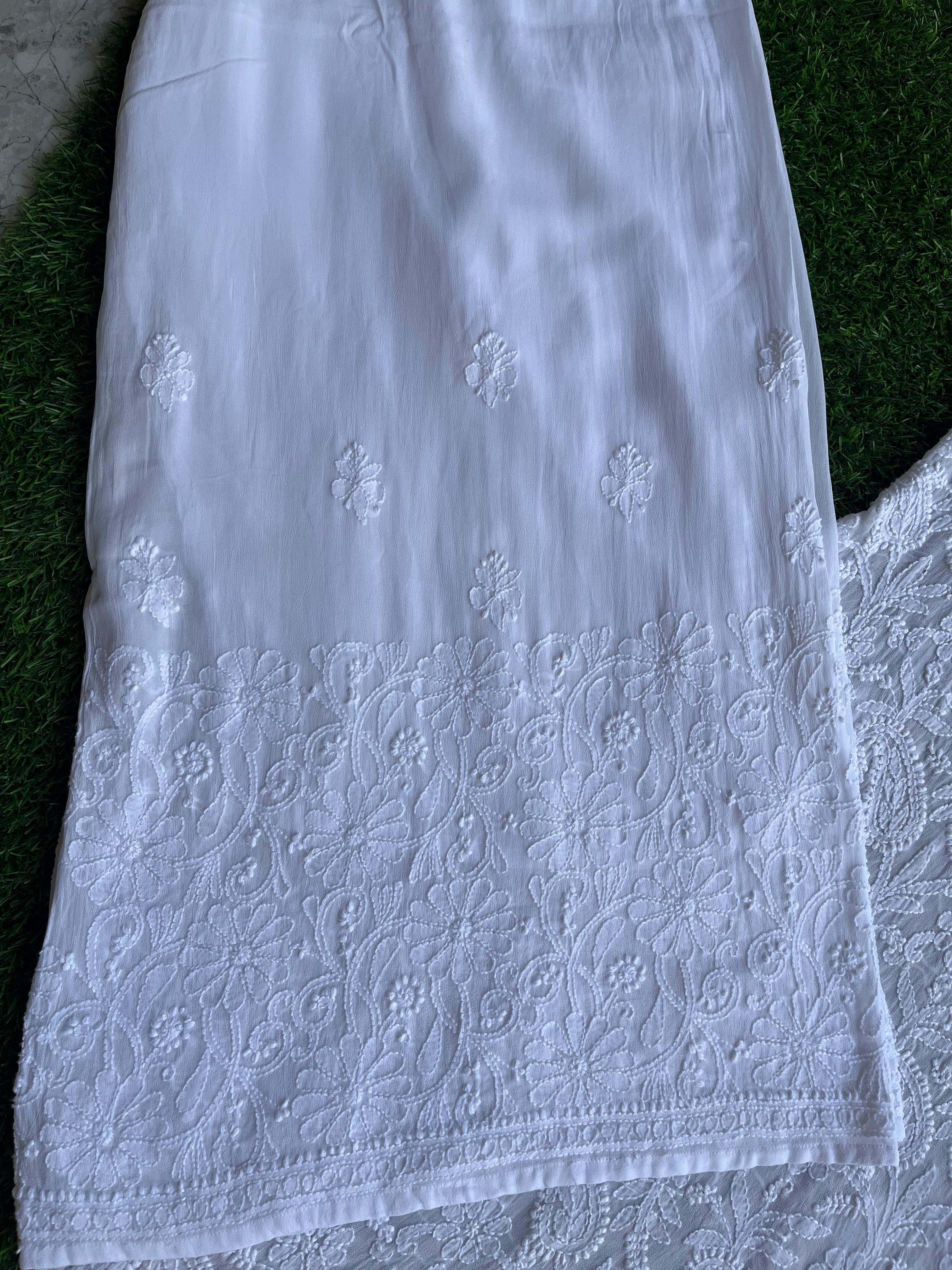 White Viscose Strappy Chikankari Handwork Short Kurti , Viscose Sharara, Chiffon Dupatta - Inayakhan Shop 