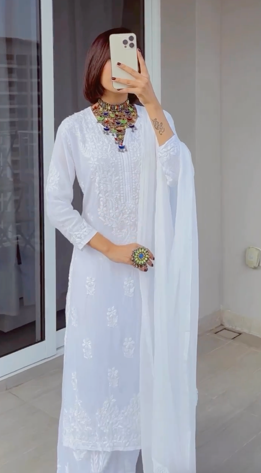Elegant 3 pc White Ethereal Dyeble Chikankari Kurta Set up to 5XL