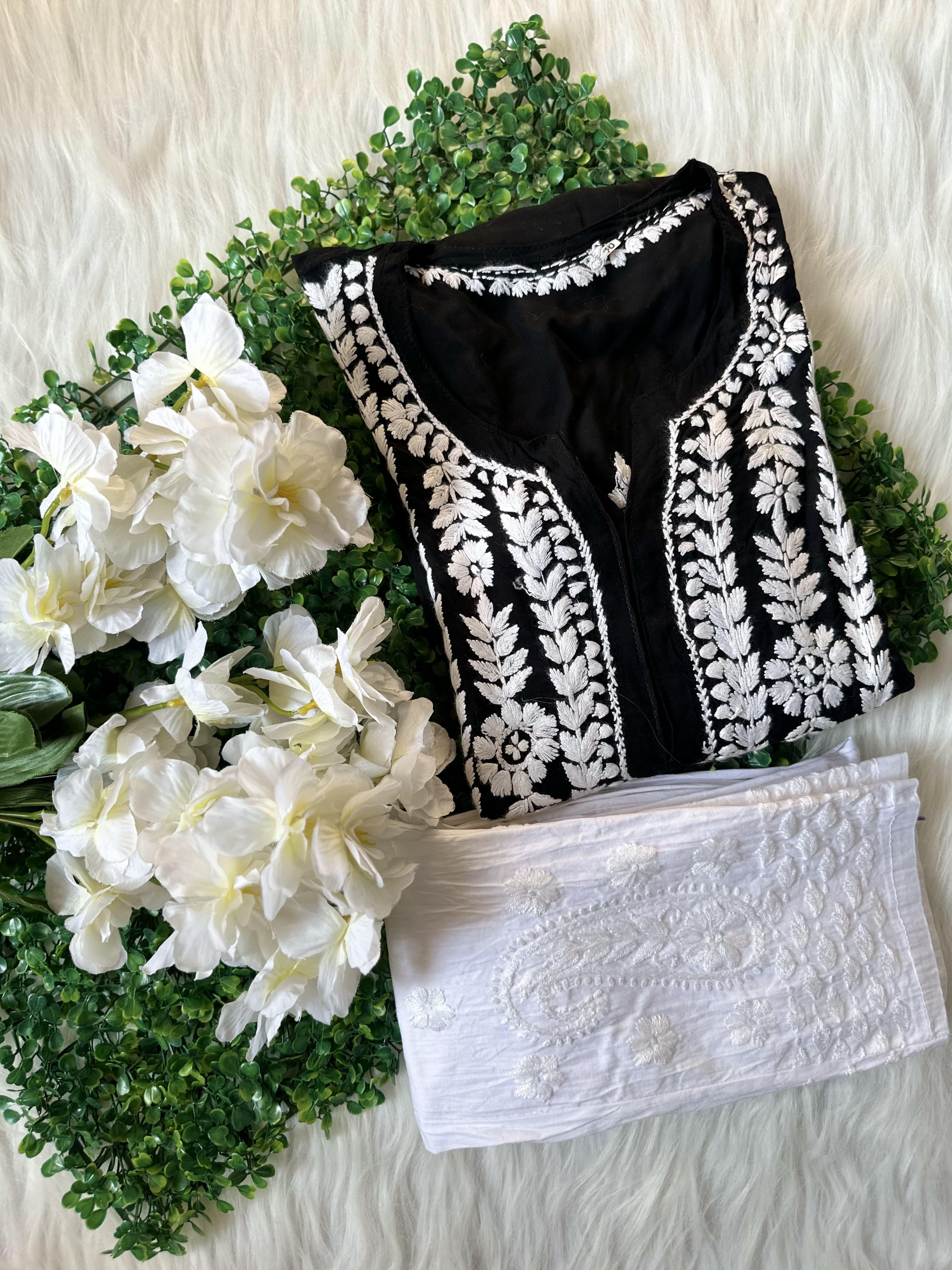 Elegant Black and White Lucknow Chikankari Modal Nyra Cut Set