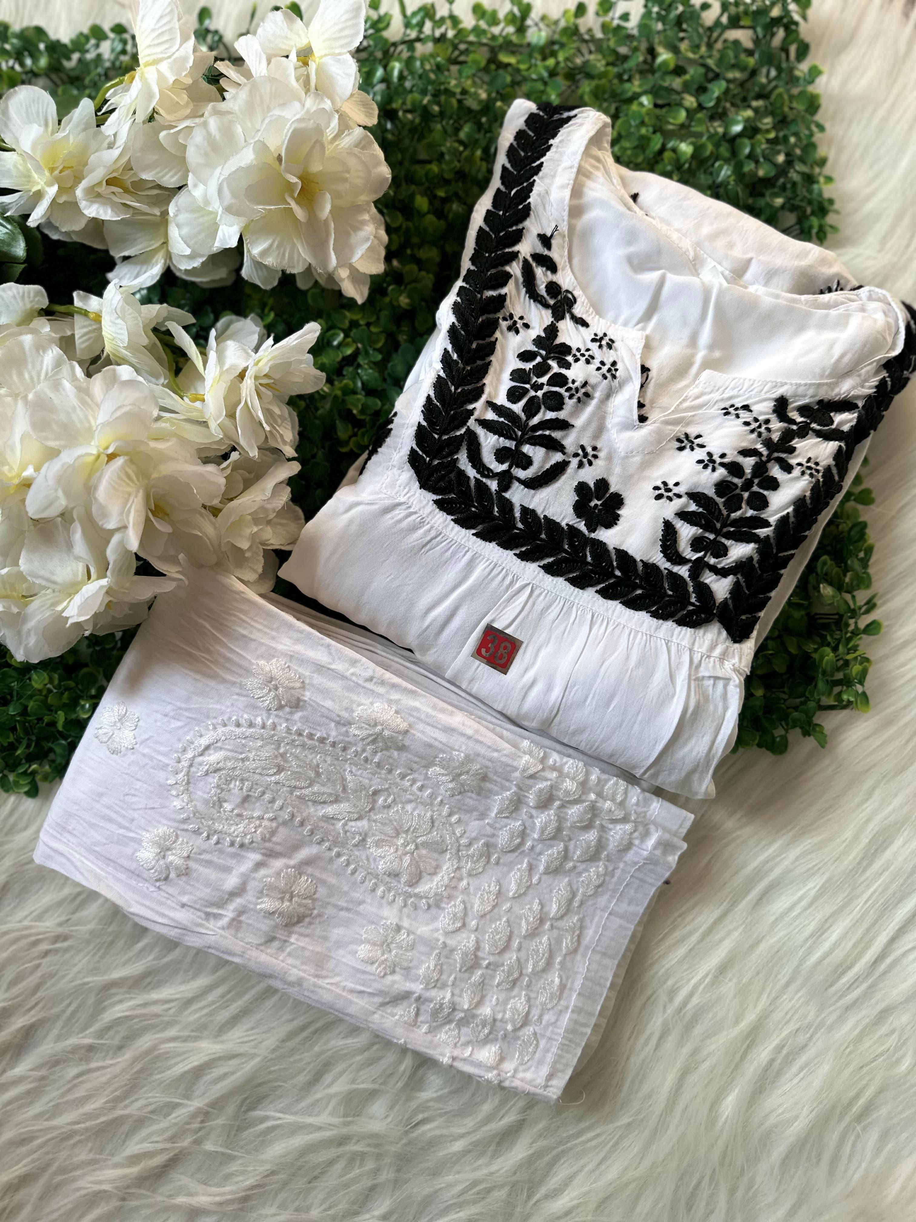 Elegant Black and White Lucknow Chikankari Modal Nyra Cut Set