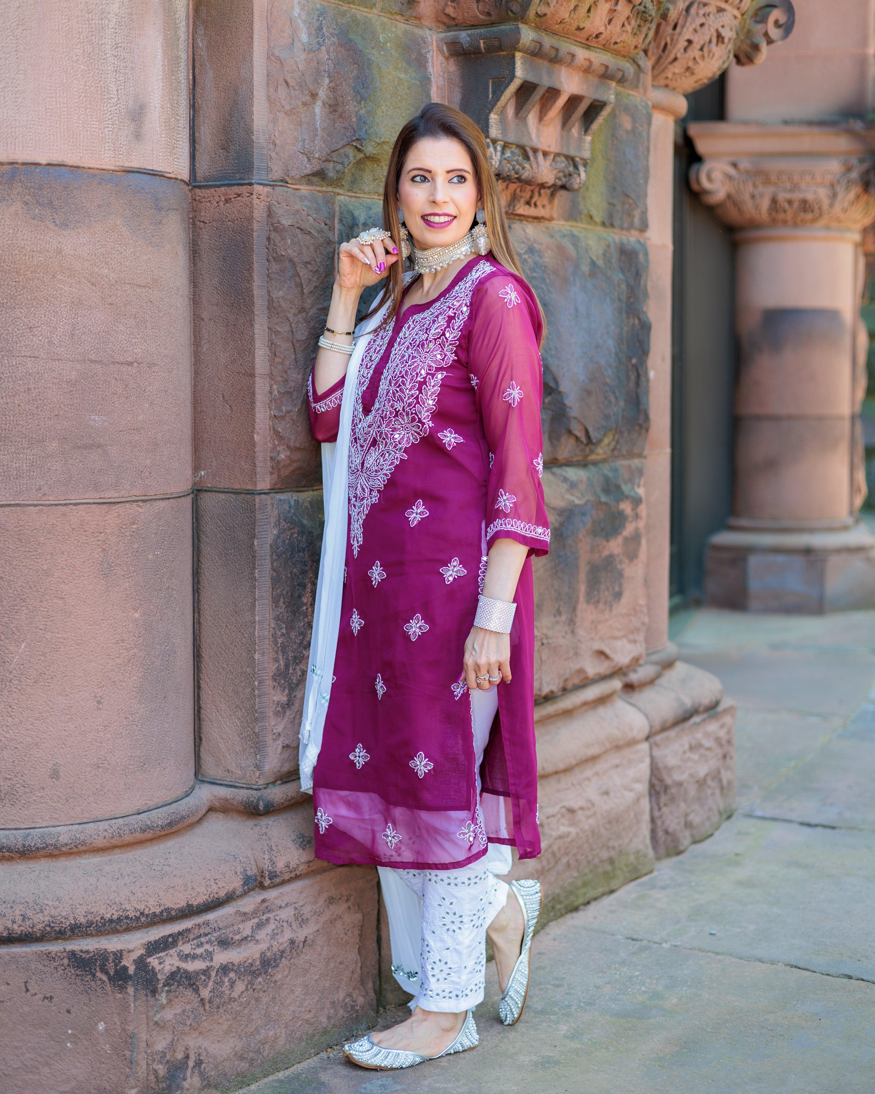 Wine Georgette Mirror Gala Booti Chikankari Set with Beautiful Handwork Embroidery - Inayakhan Shop 