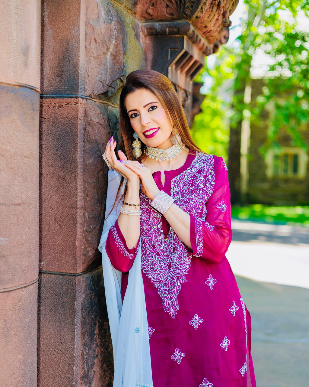 Wine Georgette Mirror Gala Booti Chikankari Set with Beautiful Handwork Embroidery - Inayakhan Shop 