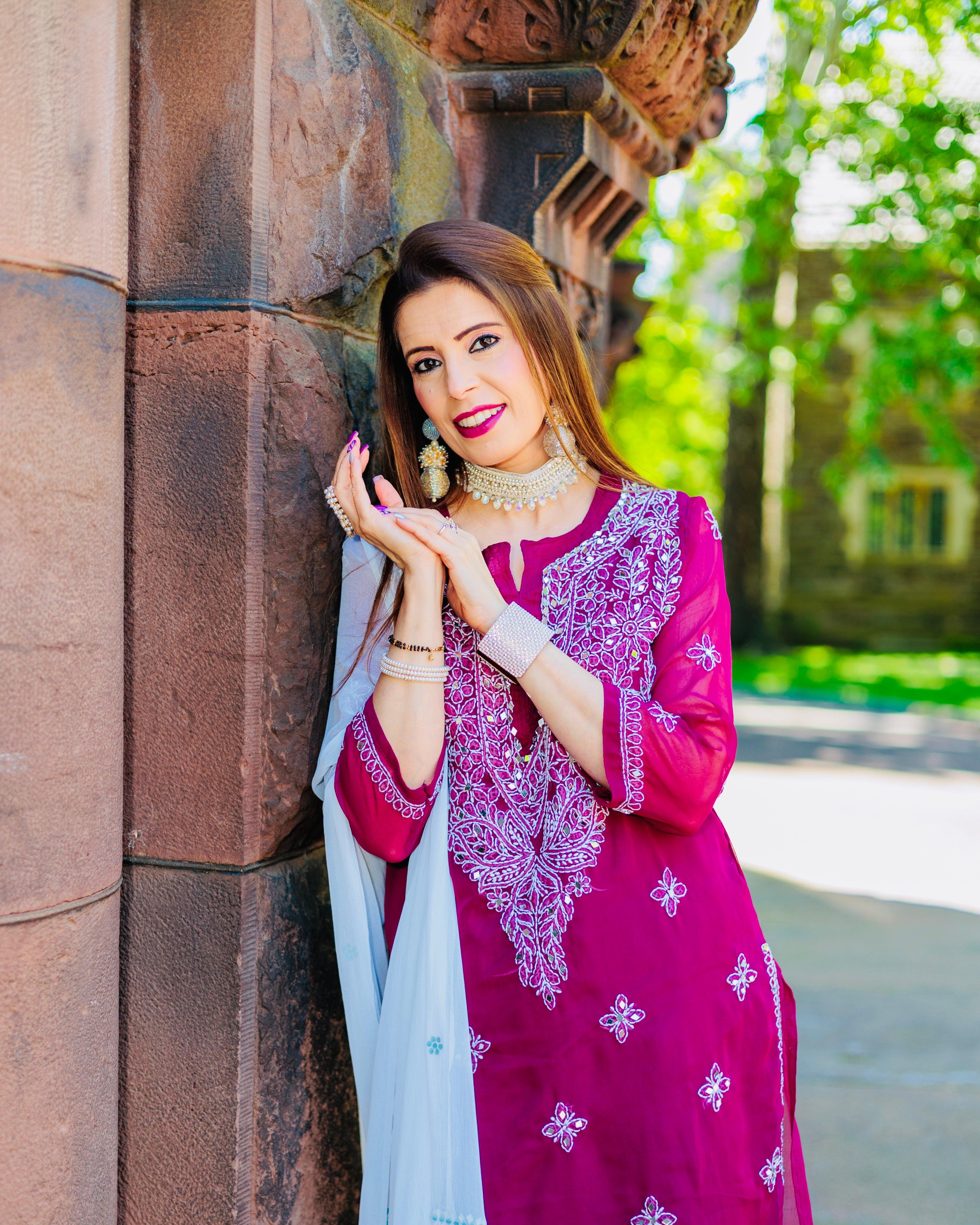 Wine Georgette Mirror Gala Booti Chikankari Set with Beautiful Handwork Embroidery - Inayakhan Shop 