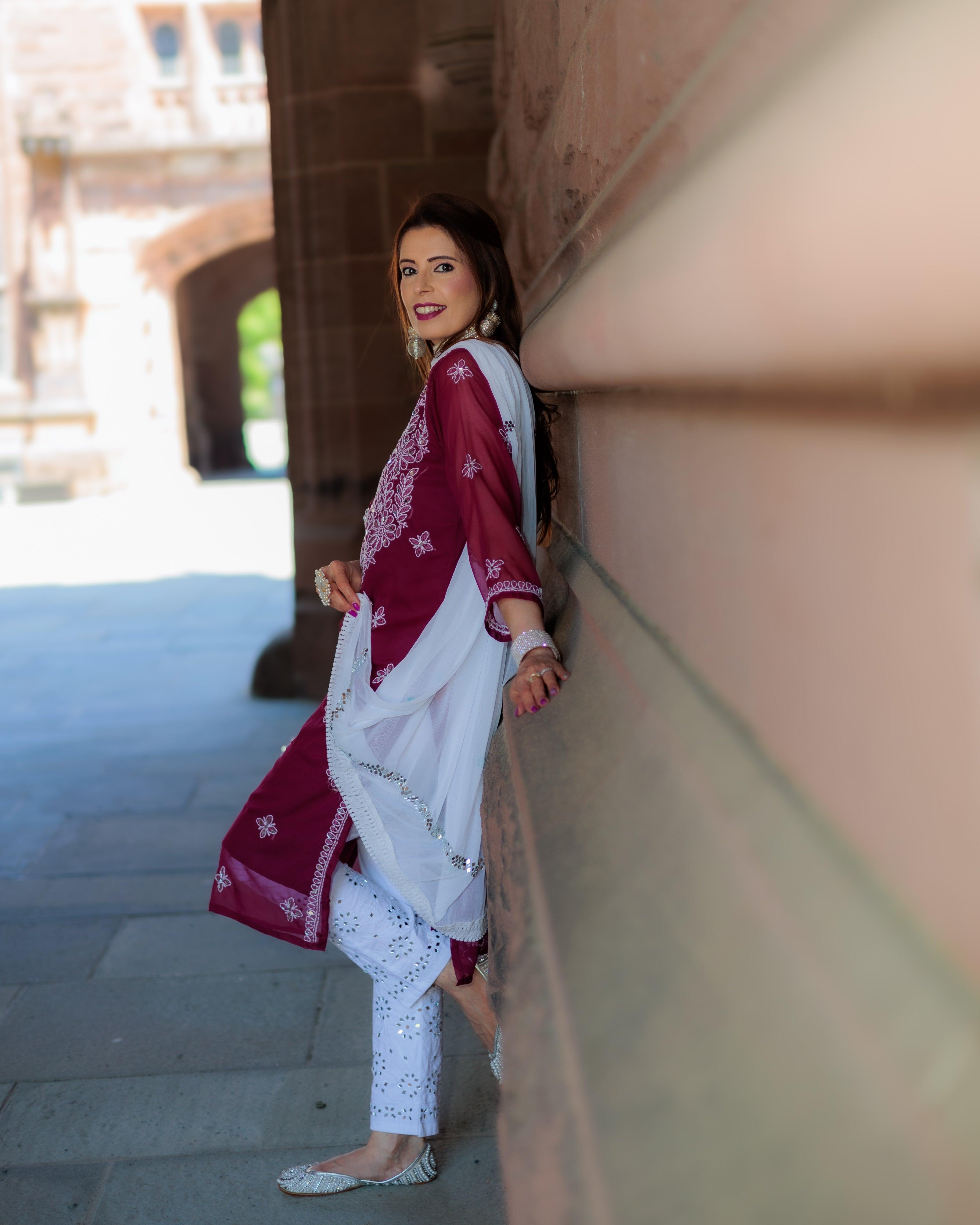 Wine Georgette Mirror Gala Booti Chikankari Set with Beautiful Handwork Embroidery - Inayakhan Shop 