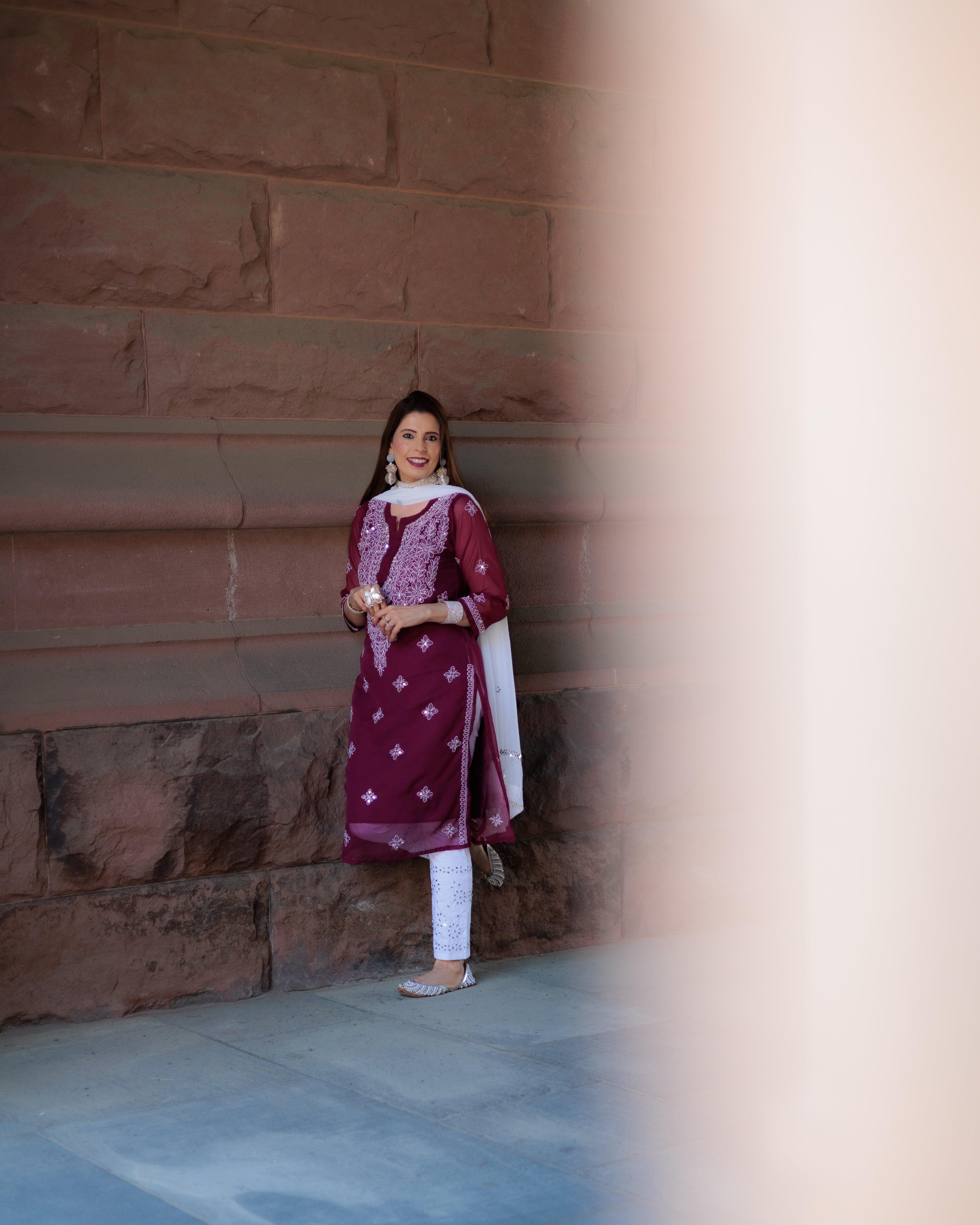 Wine Georgette Mirror Gala Booti Chikankari Set with Beautiful Handwork Embroidery - Inayakhan Shop 