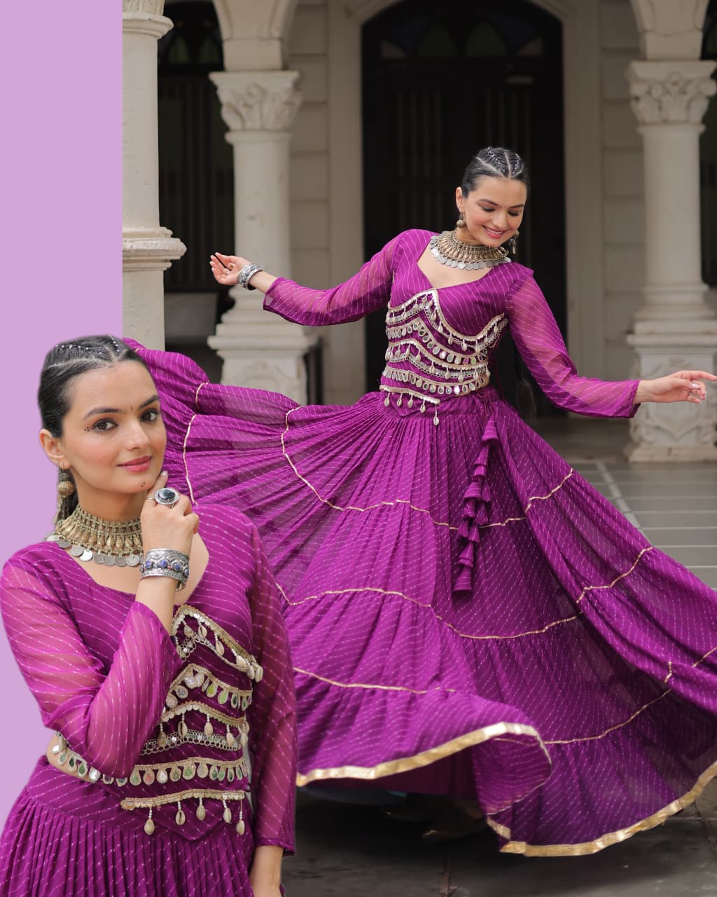 Wine Leheriya Print Garba Navratri Chaniya Choli with 12-Meter Flair