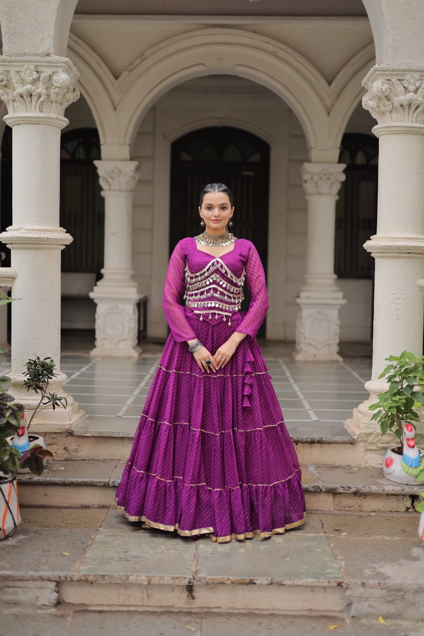 Wine Leheriya Print Garba Navratri Chaniya Choli with 12-Meter Flair