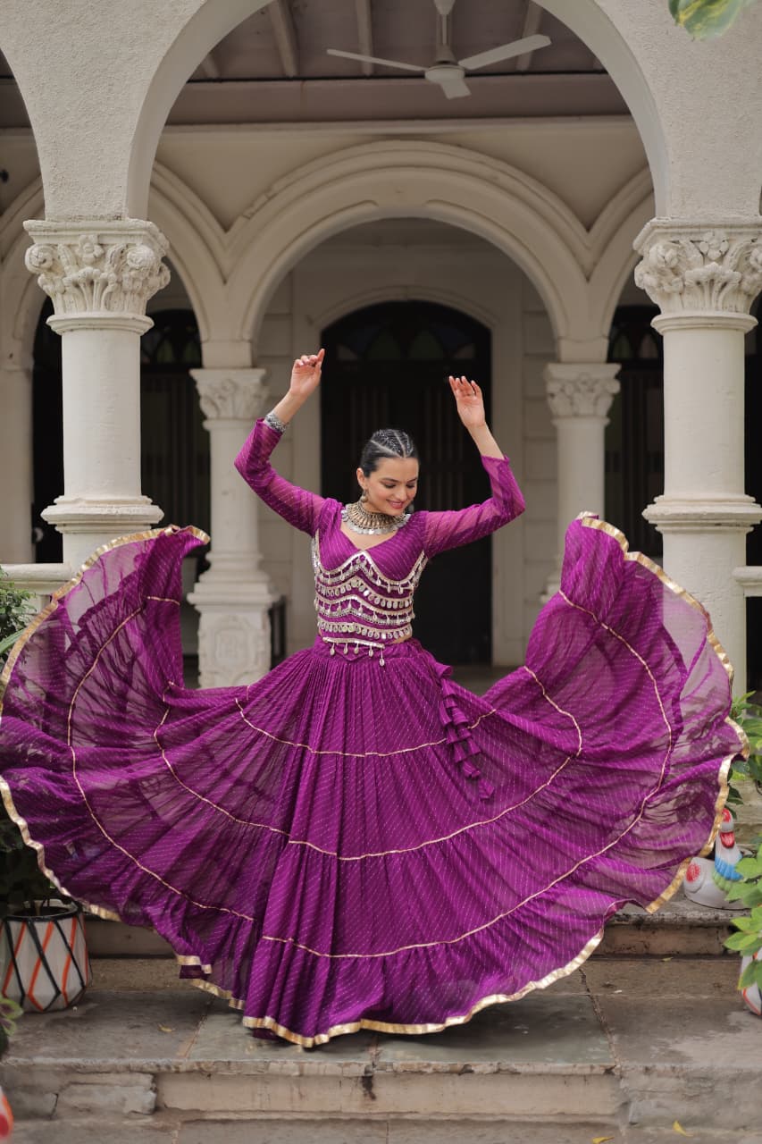 Wine Leheriya Print Garba Navratri Chaniya Choli with 12-Meter Flair
