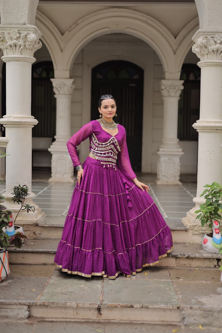 Wine Leheriya Print Garba Navratri Chaniya Choli with 12-Meter Flair