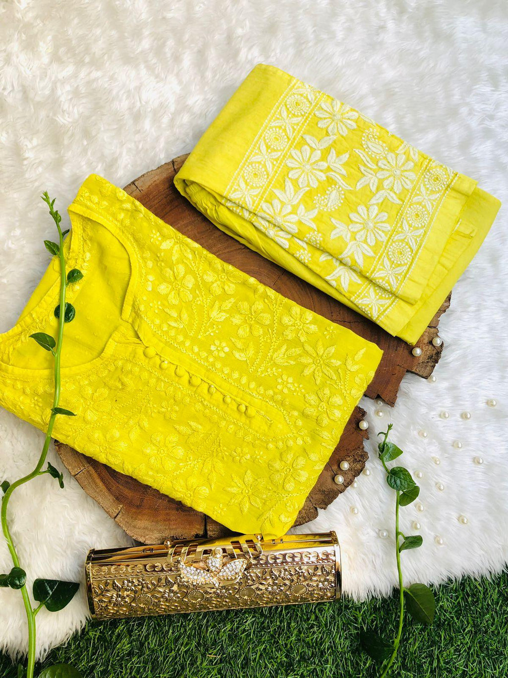 Yellow Cotton Chikankari Hand Work Kurti Pant Sets - Inayakhan Shop 