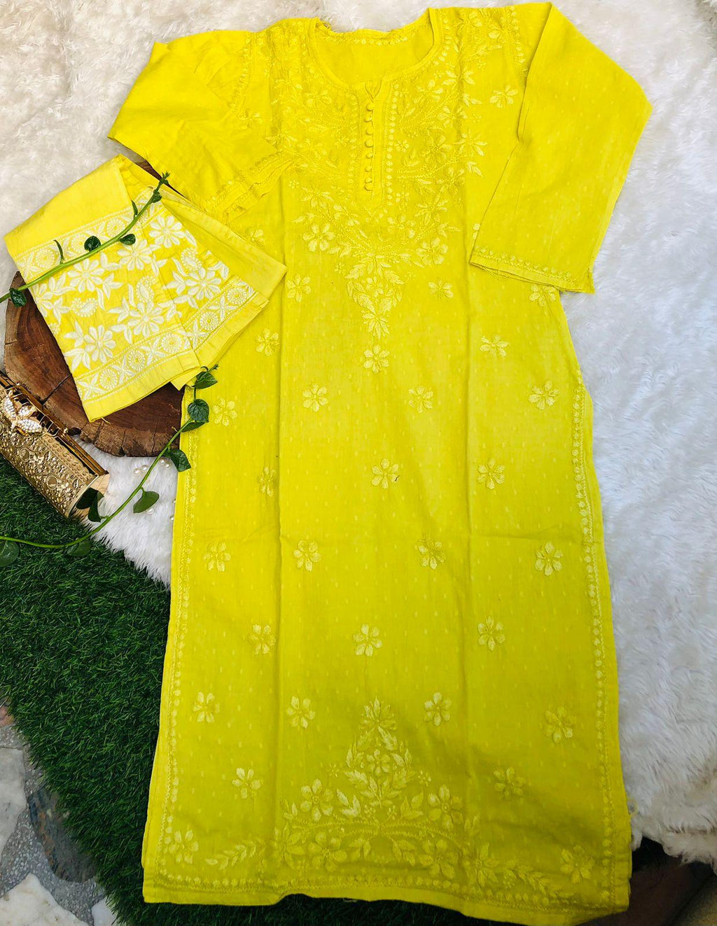 Yellow Cotton Chikankari Hand Work Kurti Pant Sets - Inayakhan Shop 