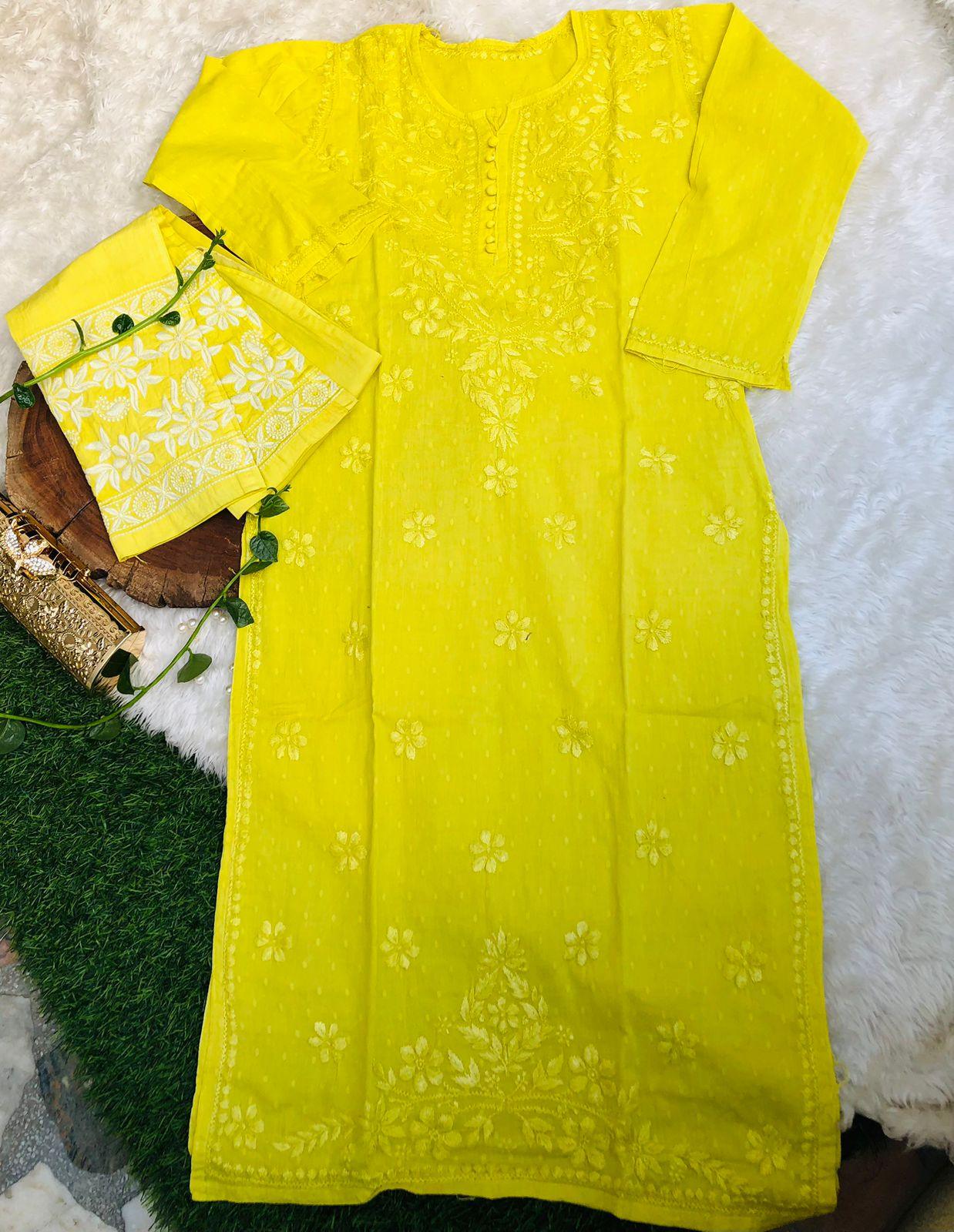 Yellow Cotton Chikankari Hand Work Kurti Pant Sets - Inayakhan Shop 