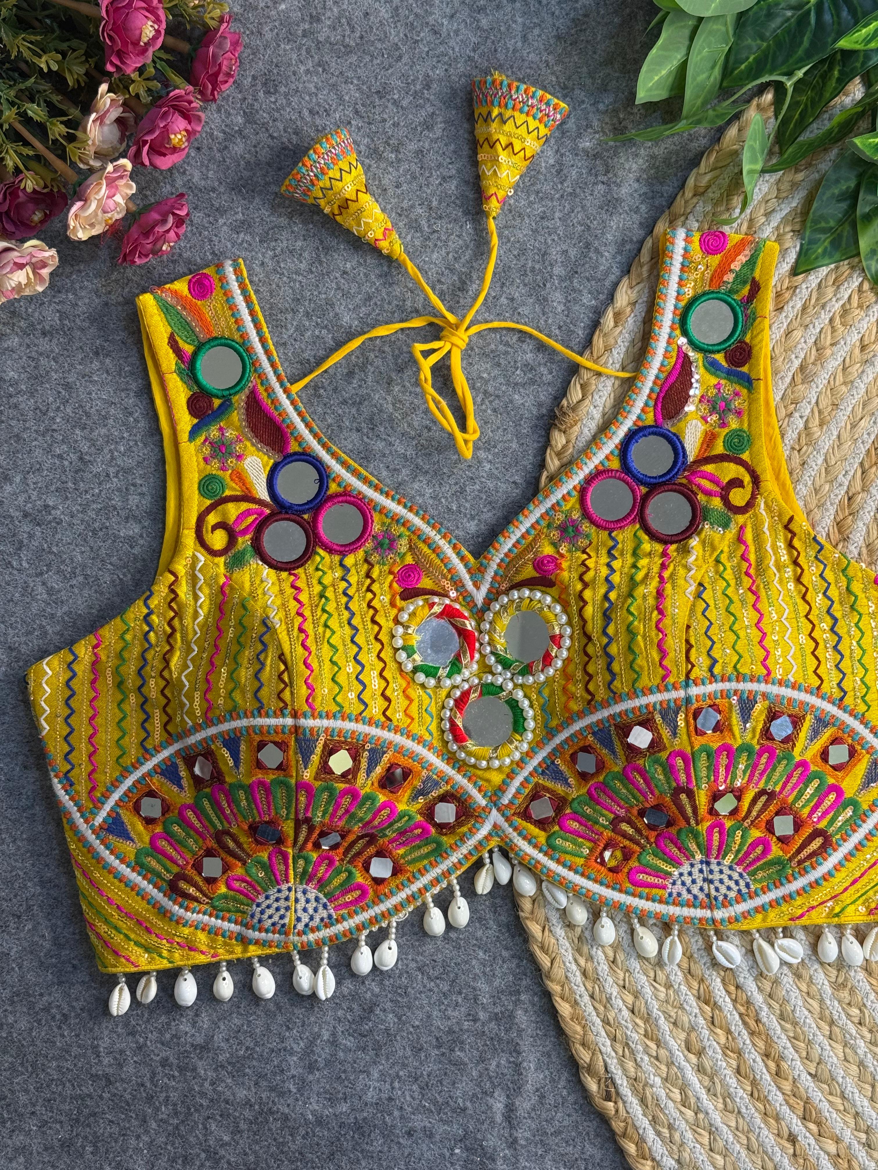 Yellow Navratri Radiance: Apple Cut Mirror Work Garba Choli
