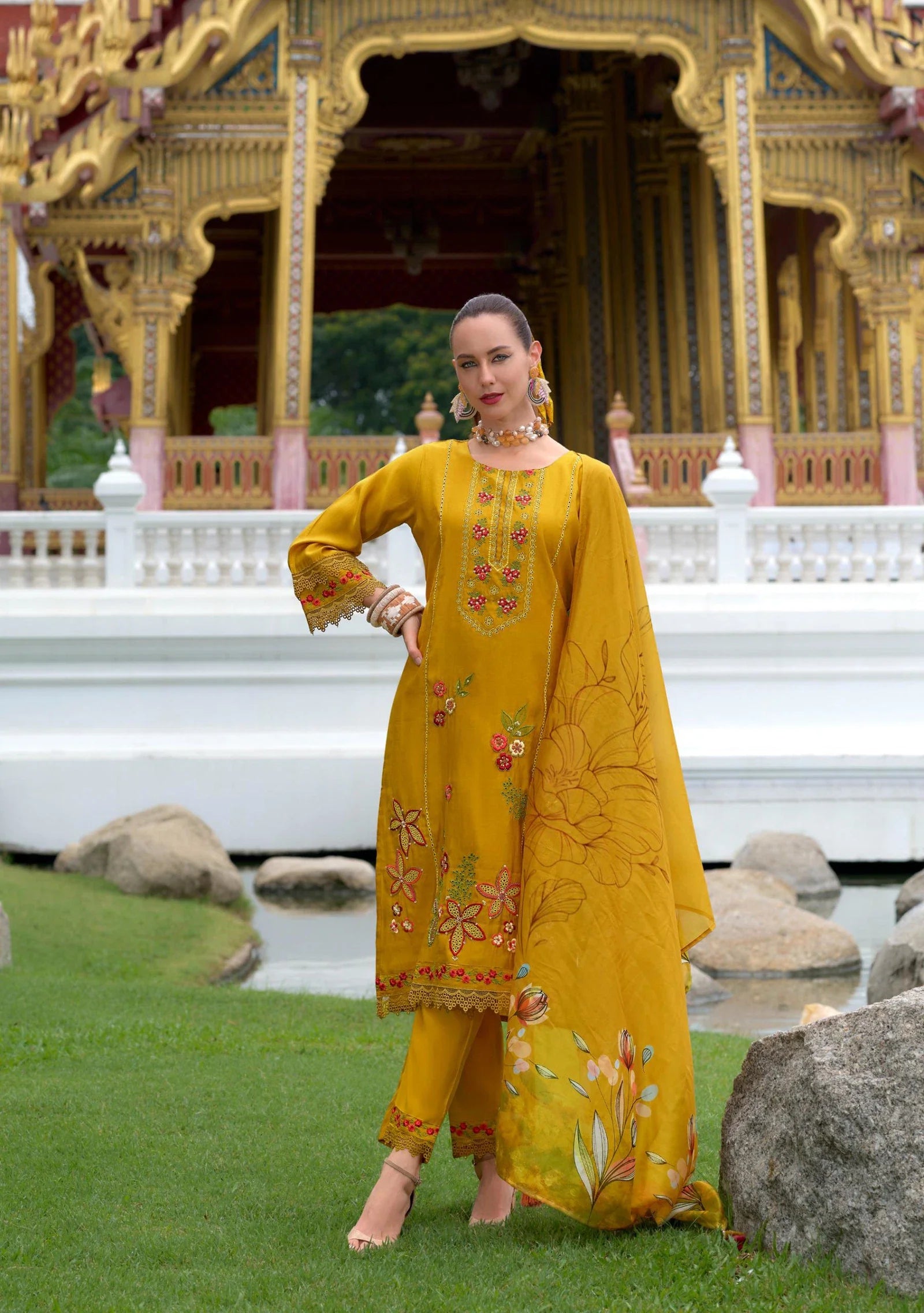Mustard Yellow Pakistani Style Salwar Kameez Dupatta Set with Organza Dupatta